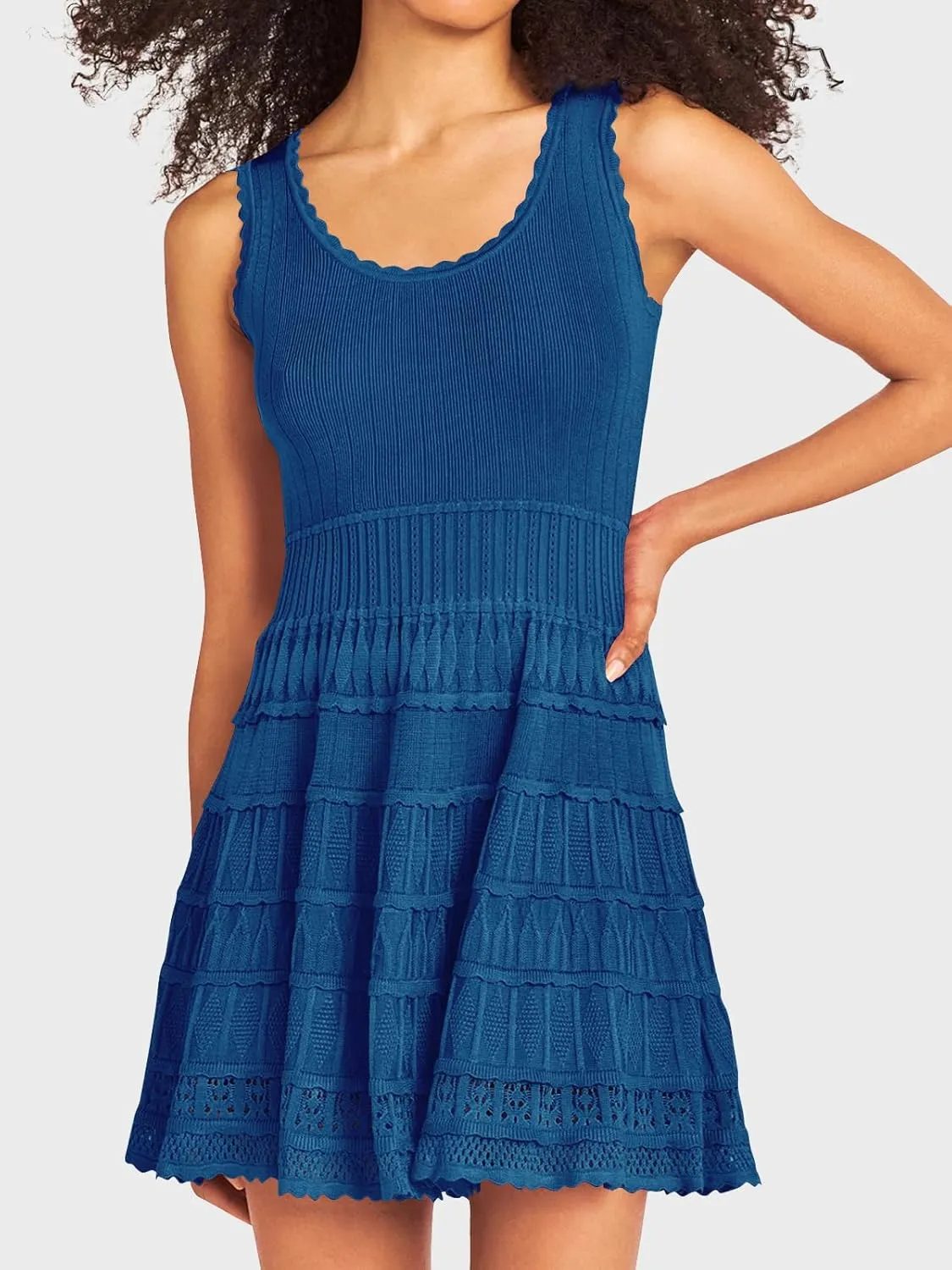 Fisoew Womens Summer Mini Dresses Casual Crewneck Knitted Crochet Hem Flowy Tank Sundress