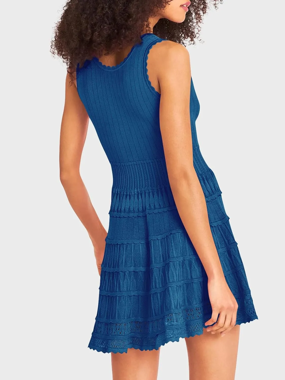 Fisoew Womens Summer Mini Dresses Casual Crewneck Knitted Crochet Hem Flowy Tank Sundress