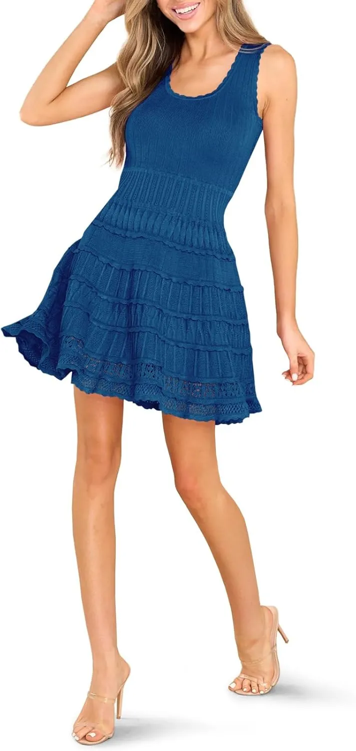 Fisoew Womens Summer Mini Dresses Casual Crewneck Knitted Crochet Hem Flowy Tank Sundress