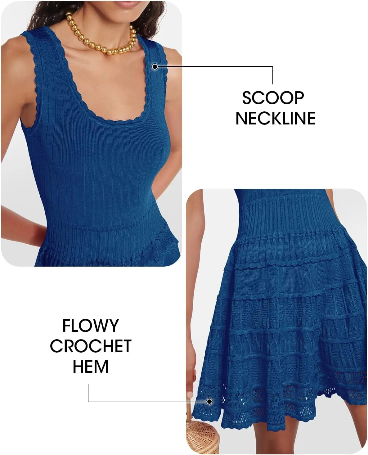 Fisoew Womens Summer Mini Dresses Casual Crewneck Knitted Crochet Hem Flowy Tank Sundress