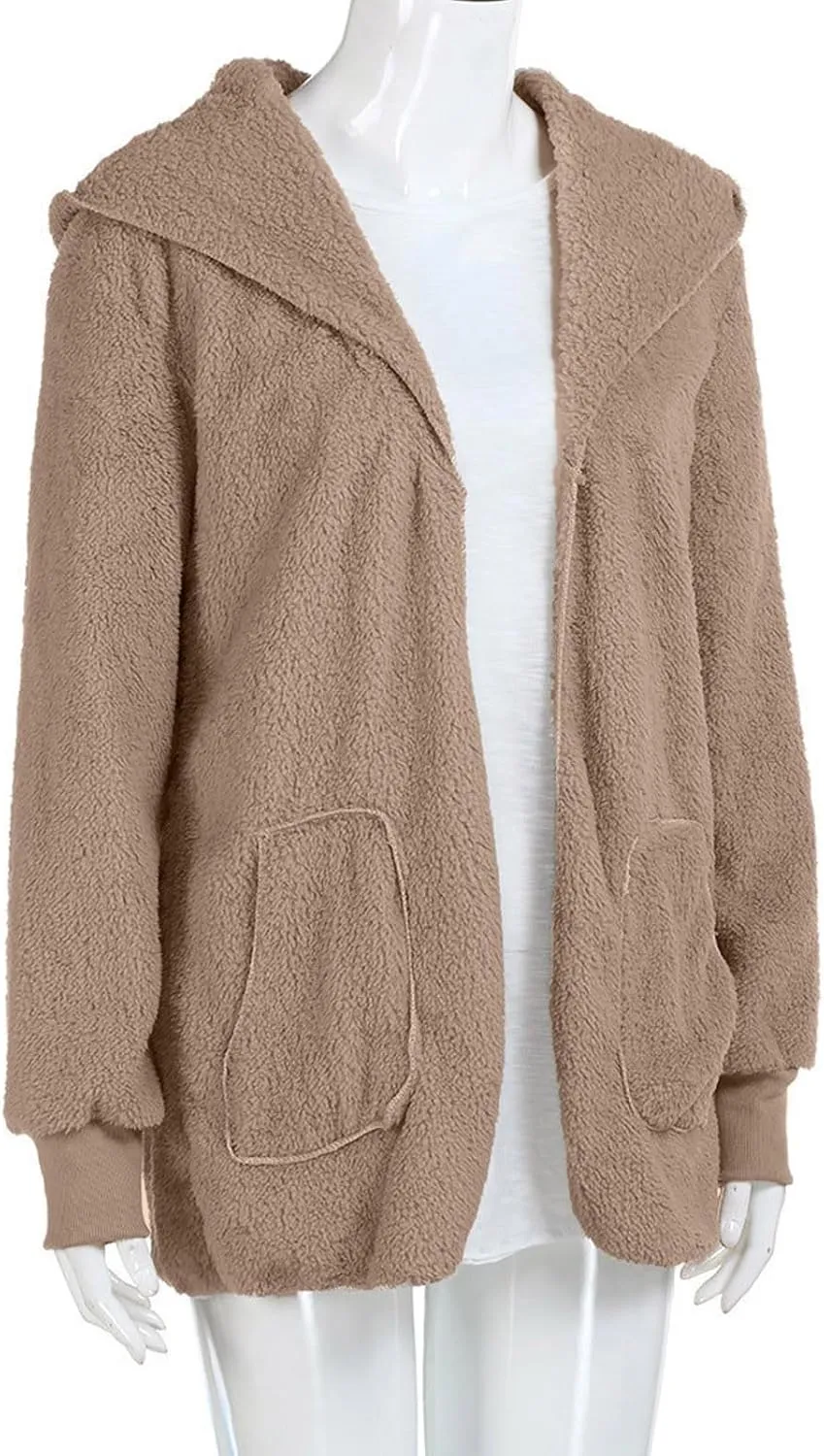Fleece Jacket Women Fuzzy Hooded Long Winter Coats Open Front Cardigan Sweaters Warm Shacket Outerwear with Pokets