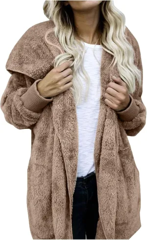Fleece Jacket Women Fuzzy Hooded Long Winter Coats Open Front Cardigan Sweaters Warm Shacket Outerwear with Pokets