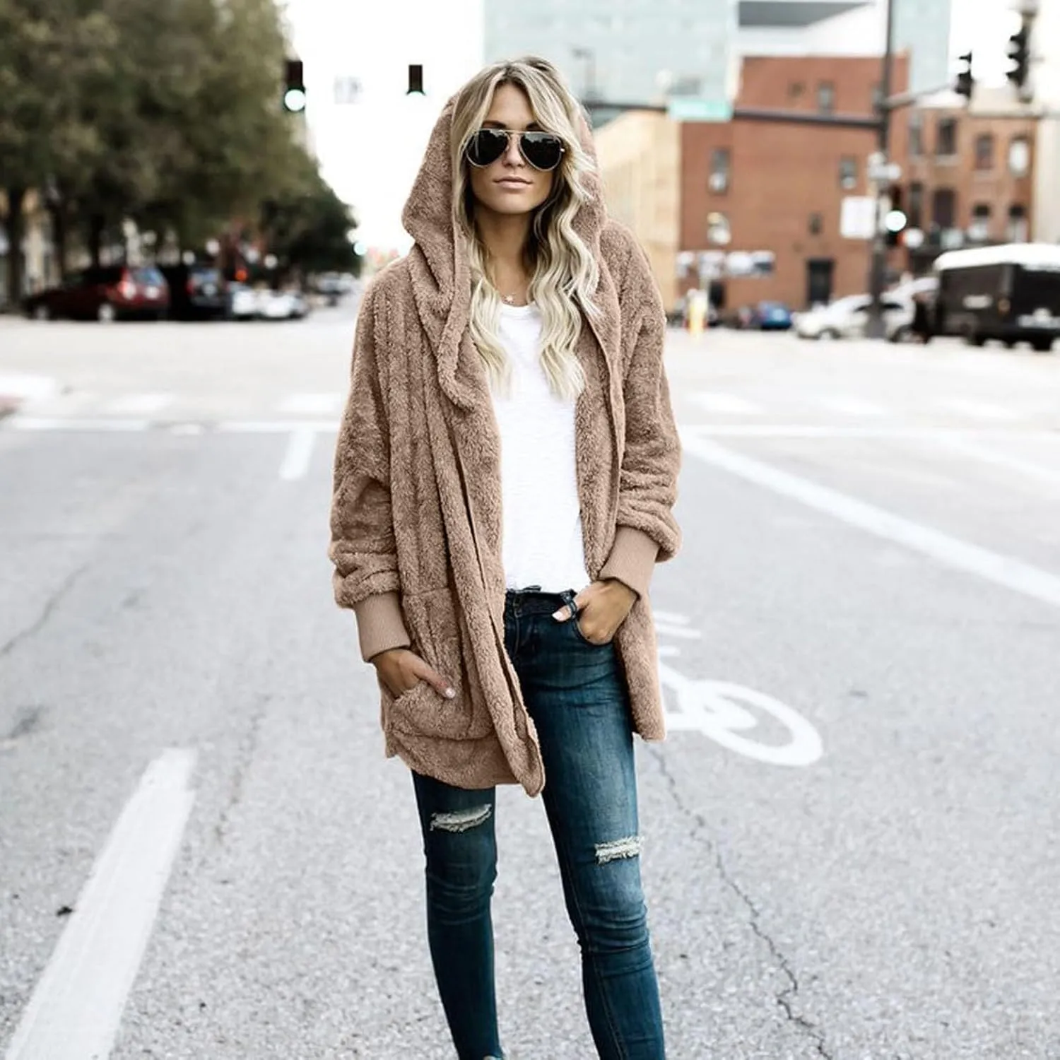 Fleece Jacket Women Fuzzy Hooded Long Winter Coats Open Front Cardigan Sweaters Warm Shacket Outerwear with Pokets