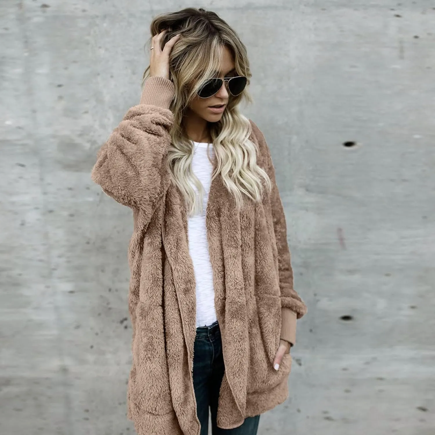 Fleece Jacket Women Fuzzy Hooded Long Winter Coats Open Front Cardigan Sweaters Warm Shacket Outerwear with Pokets