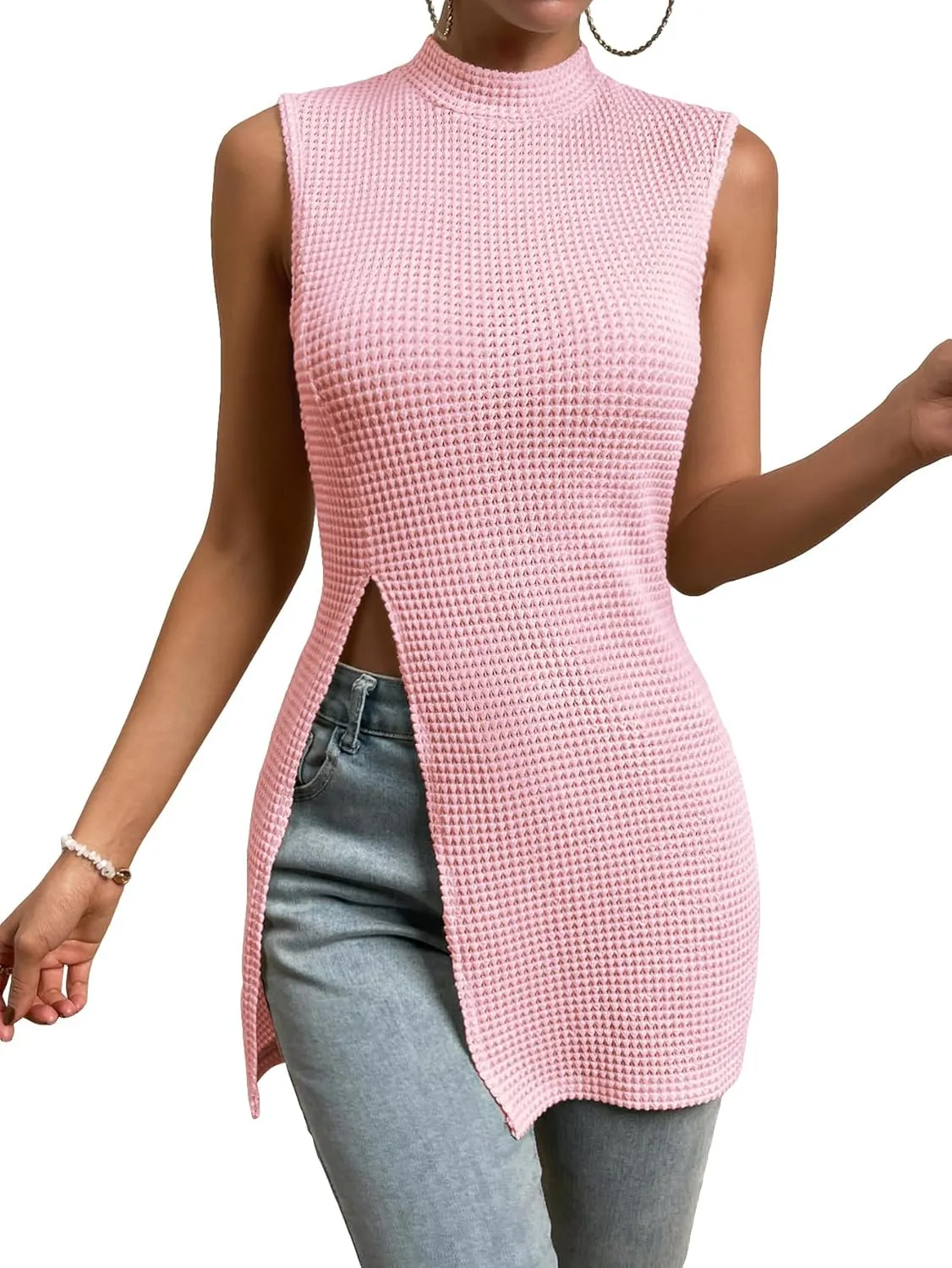 Floerns Women's Casual Sleeveless Mock Neck Split Hem Tank Top