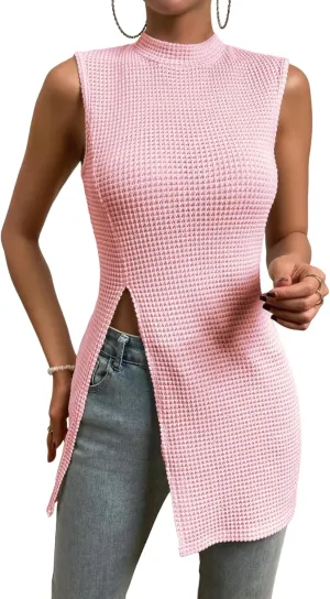 Floerns Women's Casual Sleeveless Mock Neck Split Hem Tank Top