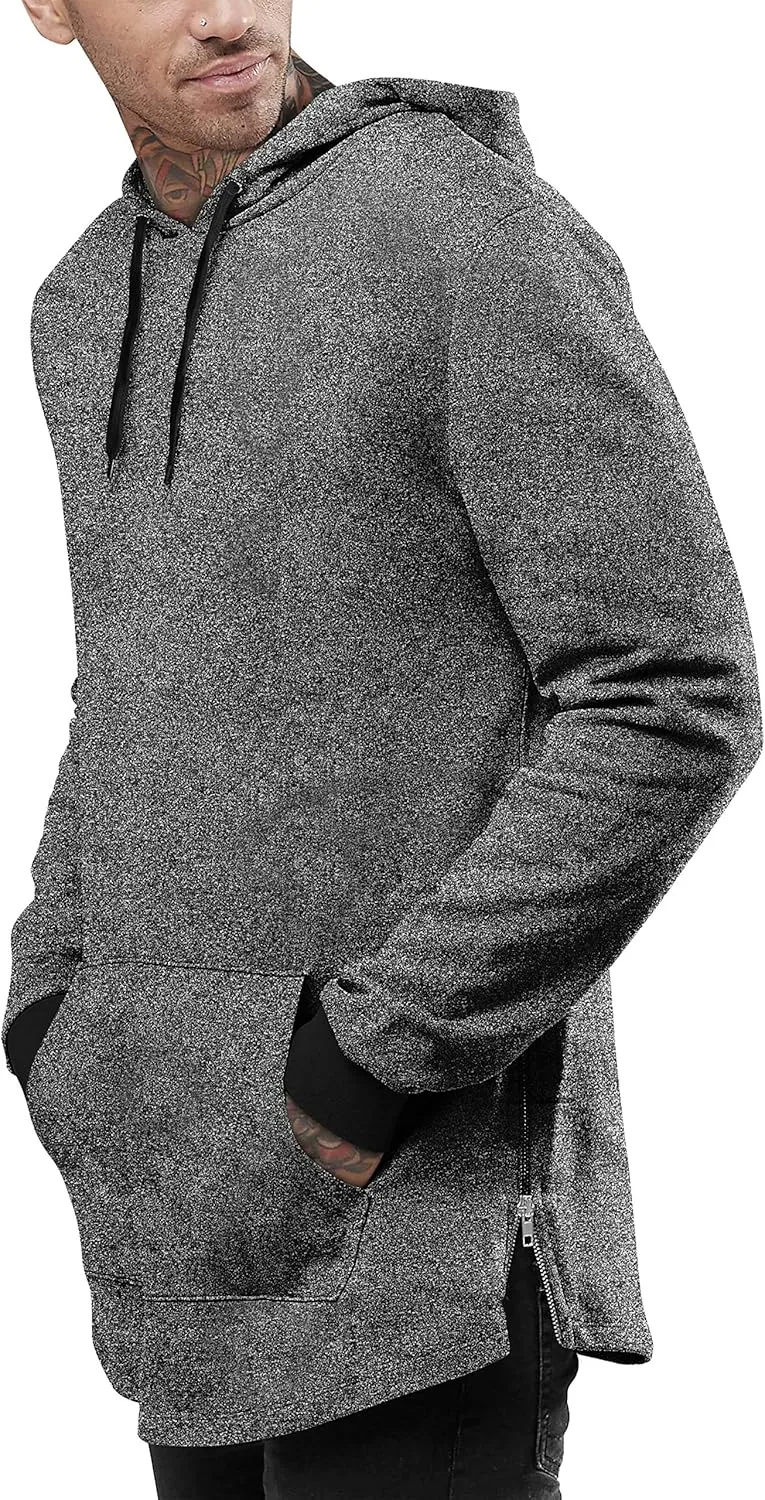 Hat and Beyond Mens Lightweight Marled Longline Zipper Hipster Hoodie Brushed Fleece Pullover