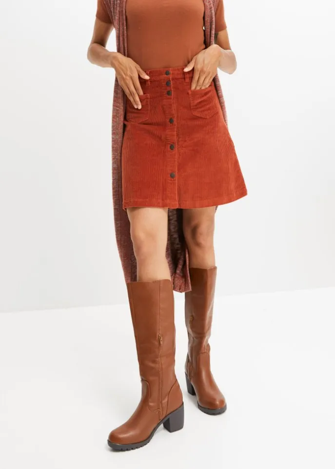 John Baner Jeanswear Stretch Corduroy Skirt with Button Placket, Brown