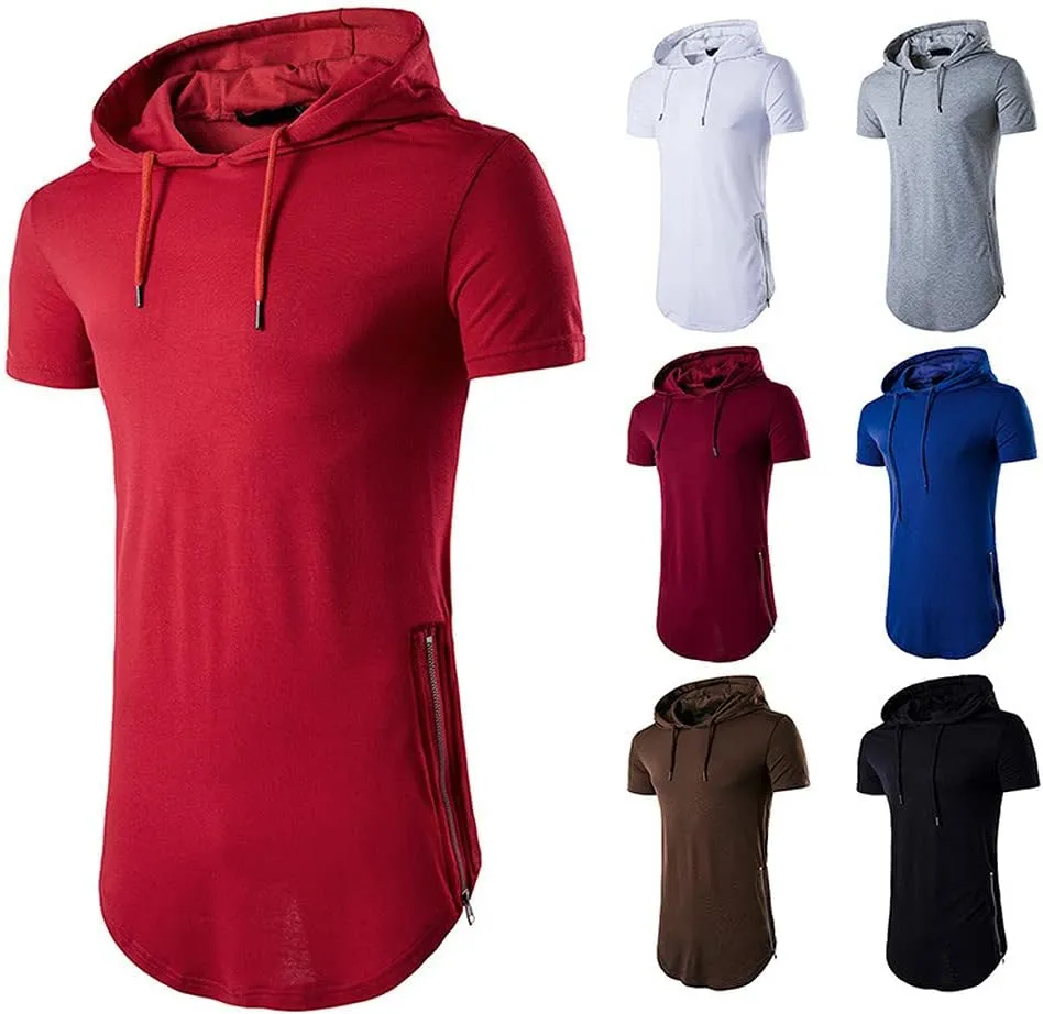 Men's Hipster Hip Hop Hoodies Shirts Fashion Short Sleeve Longline Pullover Athletic Sports Tee Shirt