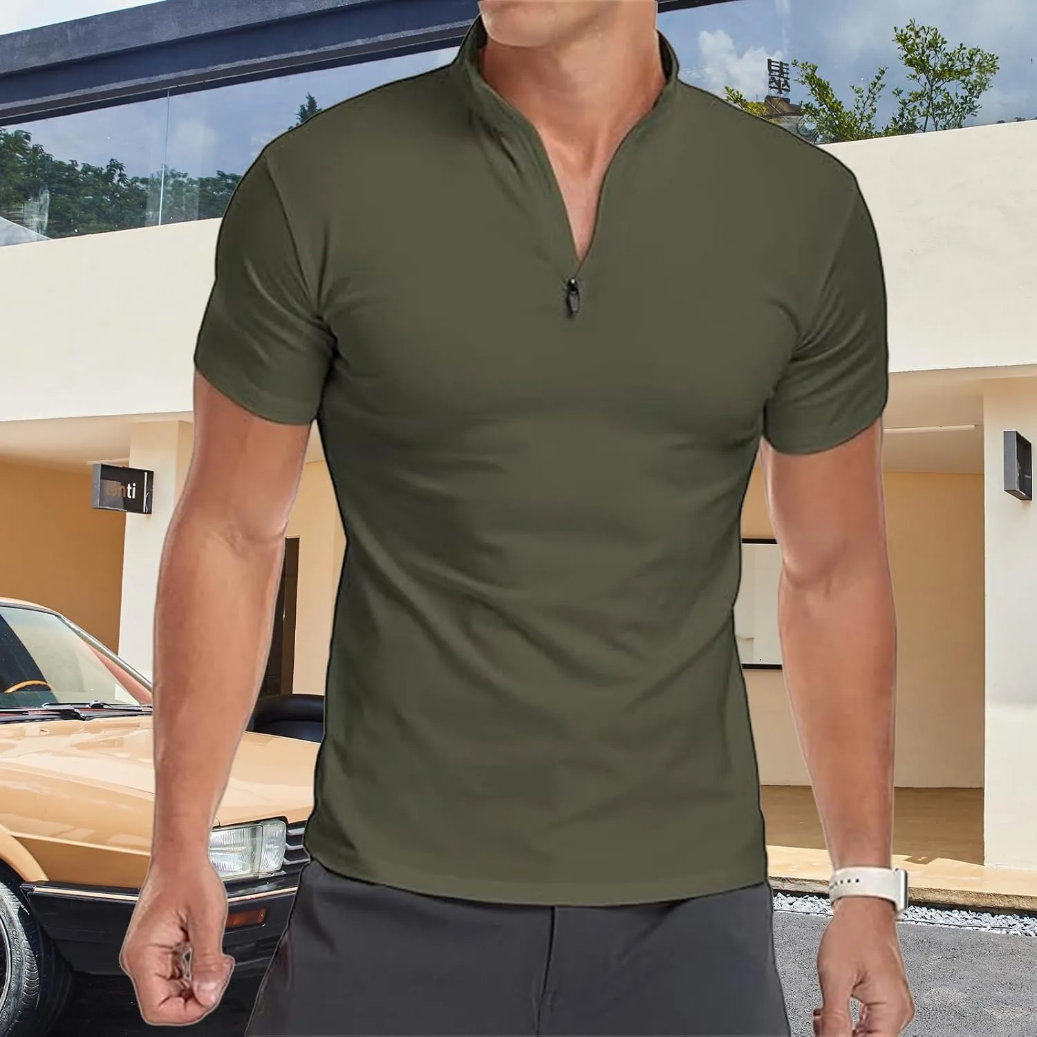 Mens Short Sleeve Polo Shirts Quarter-Zip Casual Slim Fit Mock Neck Athletic T-Shirt Zipper Henley Shirts for Men