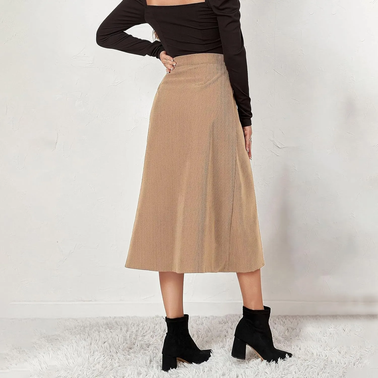 Midi Skirts for Women Trendy Corduroy Skirt Button Down High Waisted Skirts Business Casual A Line Skirt