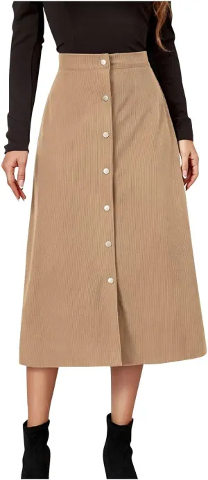 Midi Skirts for Women Trendy Corduroy Skirt Button Down High Waisted Skirts Business Casual A Line Skirt