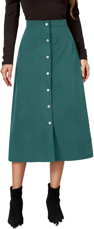 Midi Skirts for Women Trendy Corduroy Skirt Button Down High Waisted Skirts Business Casual A Line Skirt