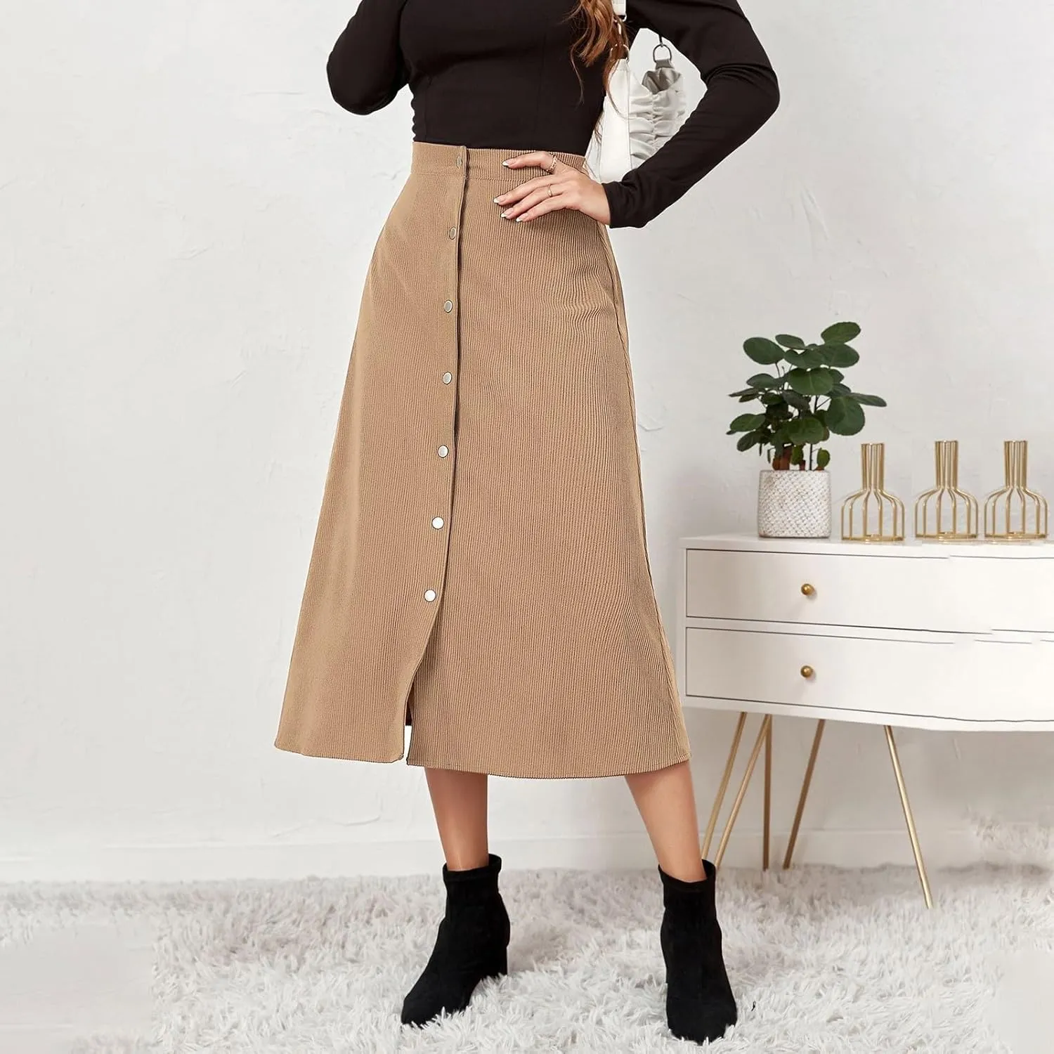 Midi Skirts for Women Trendy Corduroy Skirt Button Down High Waisted Skirts Business Casual A Line Skirt