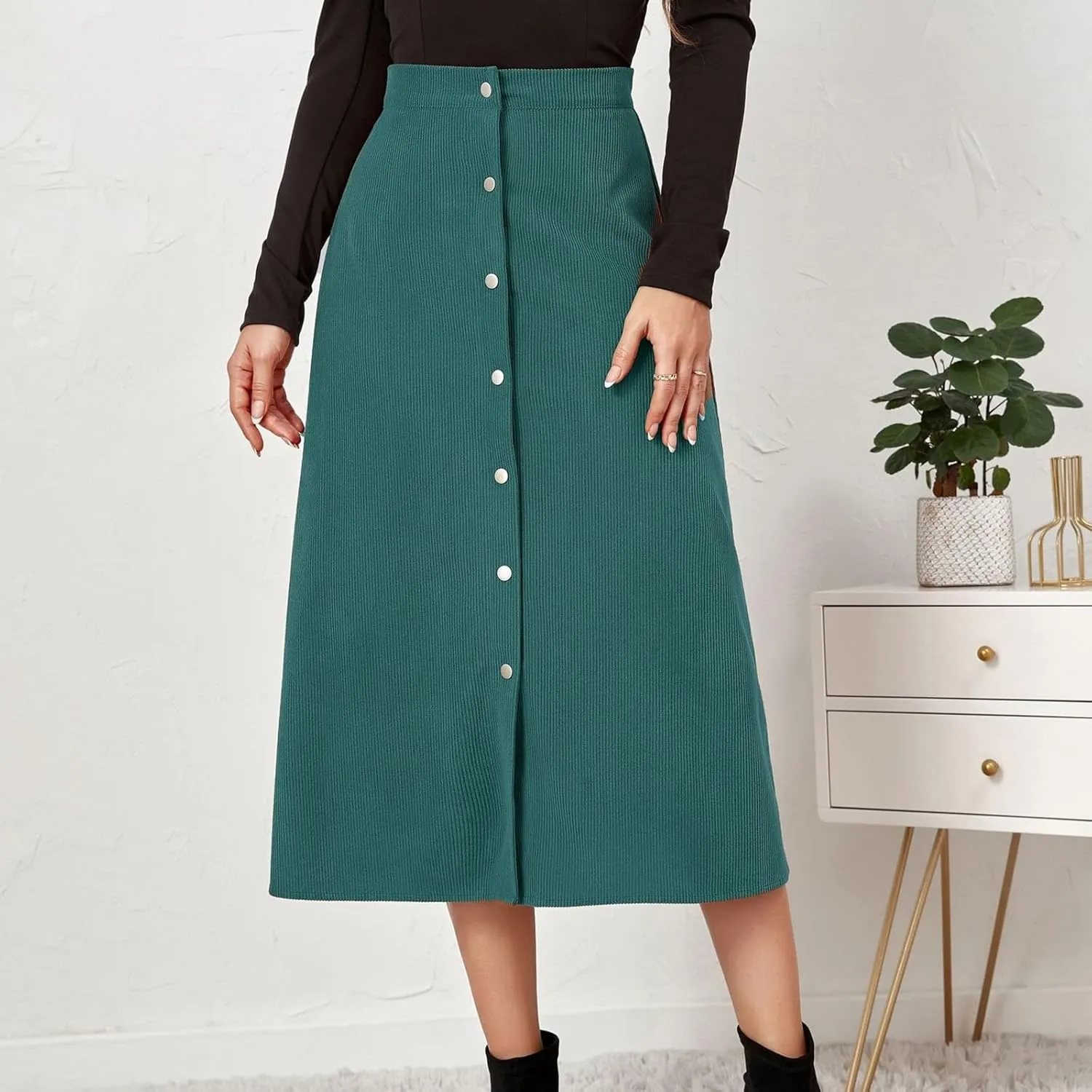 Midi Skirts for Women Trendy Corduroy Skirt Button Down High Waisted Skirts Business Casual A Line Skirt