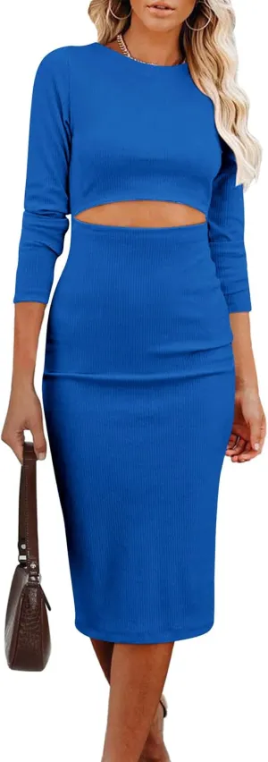PRETTYGARDEN Women's Long Sleeve Midi Bodycon Dresses Casual Crewneck Cut Out Ribbed Knit Fitted Pencil Dress