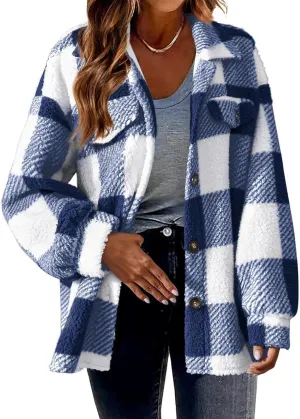 Sherpa Jacket for Women 2024 Winter Fuzzy Plaid Shacket Button Down Lapel Fleece Jacket Soft Warm Teddy Coat Outwear