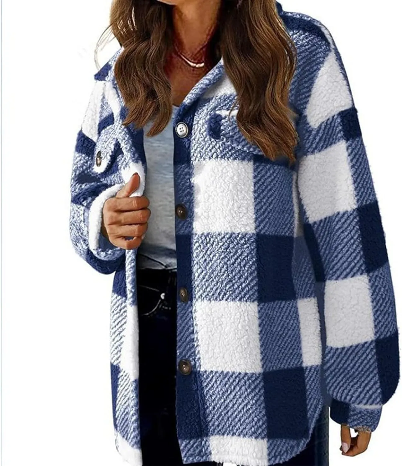 Sherpa Jacket for Women 2024 Winter Fuzzy Plaid Shacket Button Down Lapel Fleece Jacket Soft Warm Teddy Coat Outwear