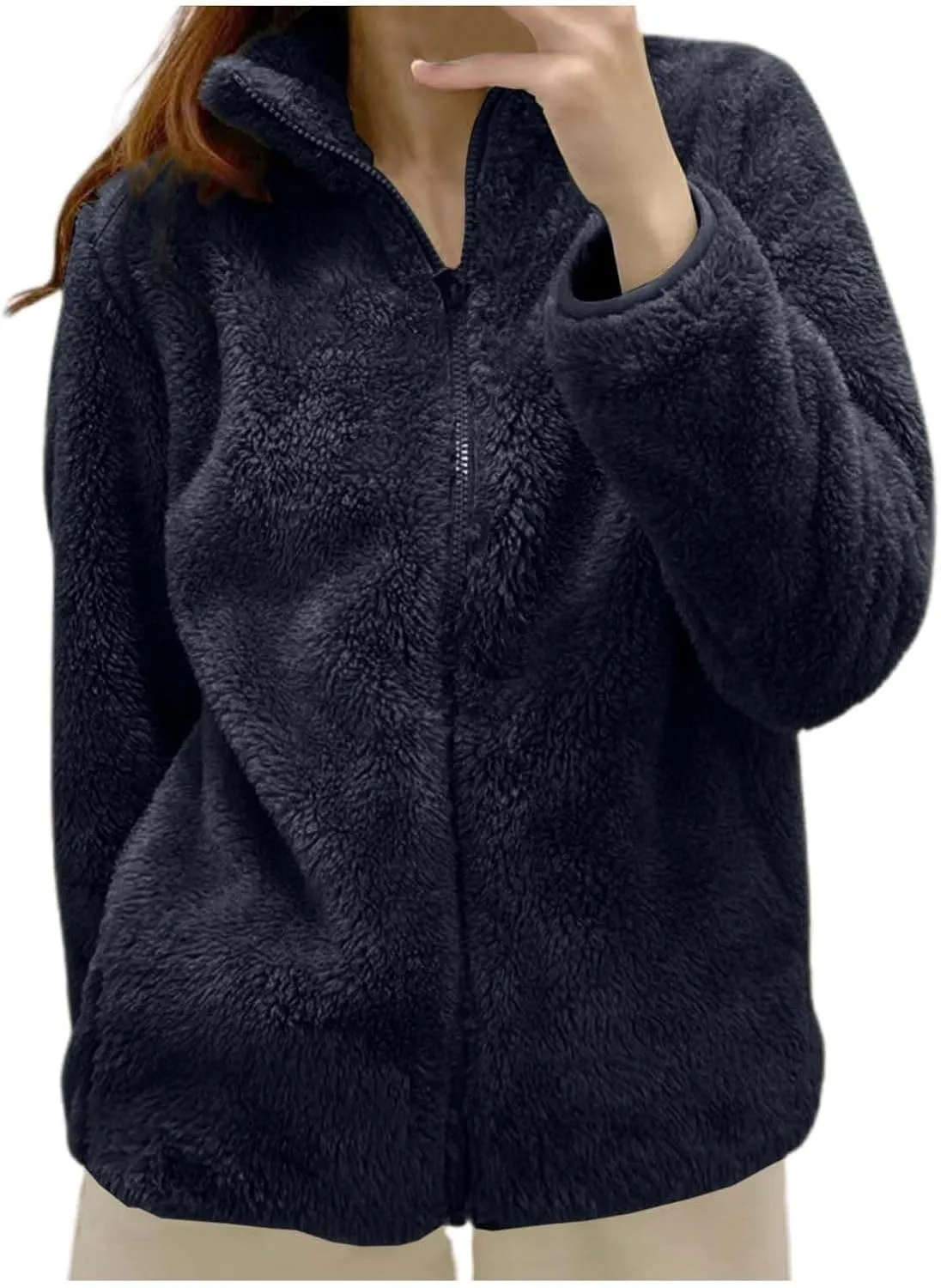 Sherpa Jacket Women Lightweight Fleece Zip Up Jackets Long Sleeve Cozy Soft Fluffy Fuzzy Sweater Coats with Pockets