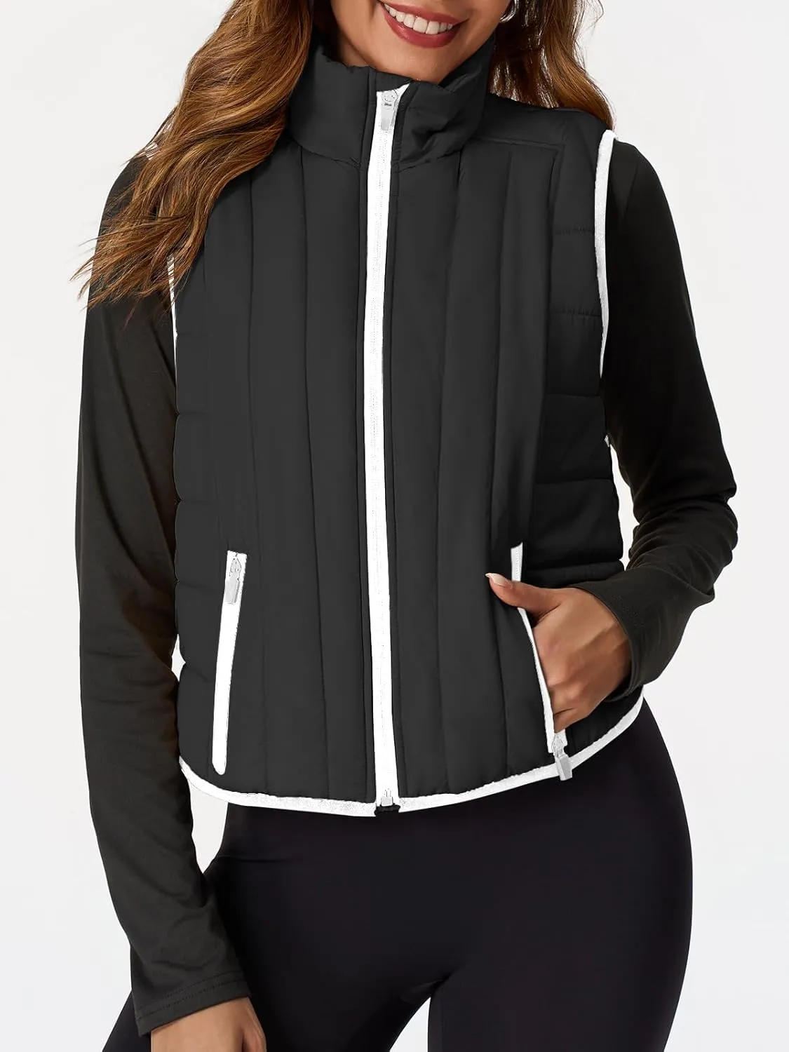 Tankaneo Womens Cropped Quilted Lightweight Vest Outerwear Running Sleeveless Jackets Zip Up Stand Collar Winter Coats