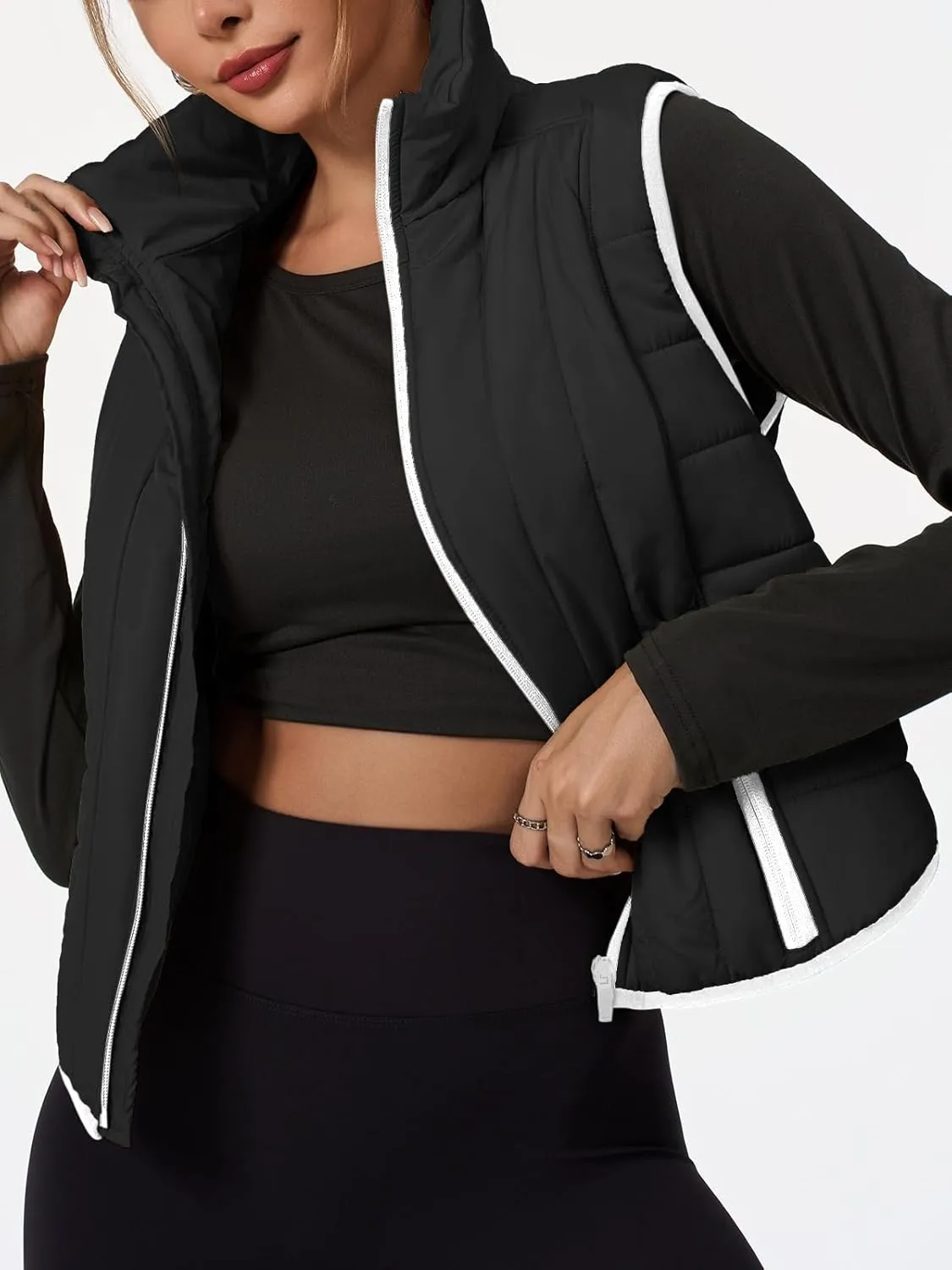 Tankaneo Womens Cropped Quilted Lightweight Vest Outerwear Running Sleeveless Jackets Zip Up Stand Collar Winter Coats