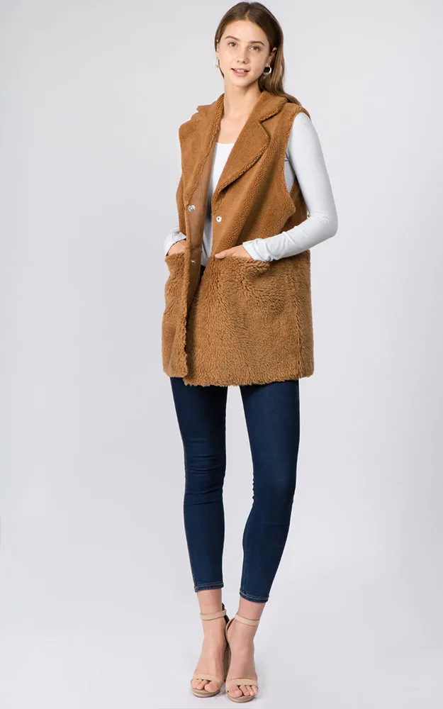 VA91B7 Faux Shearling Reversible Vest with Pockets