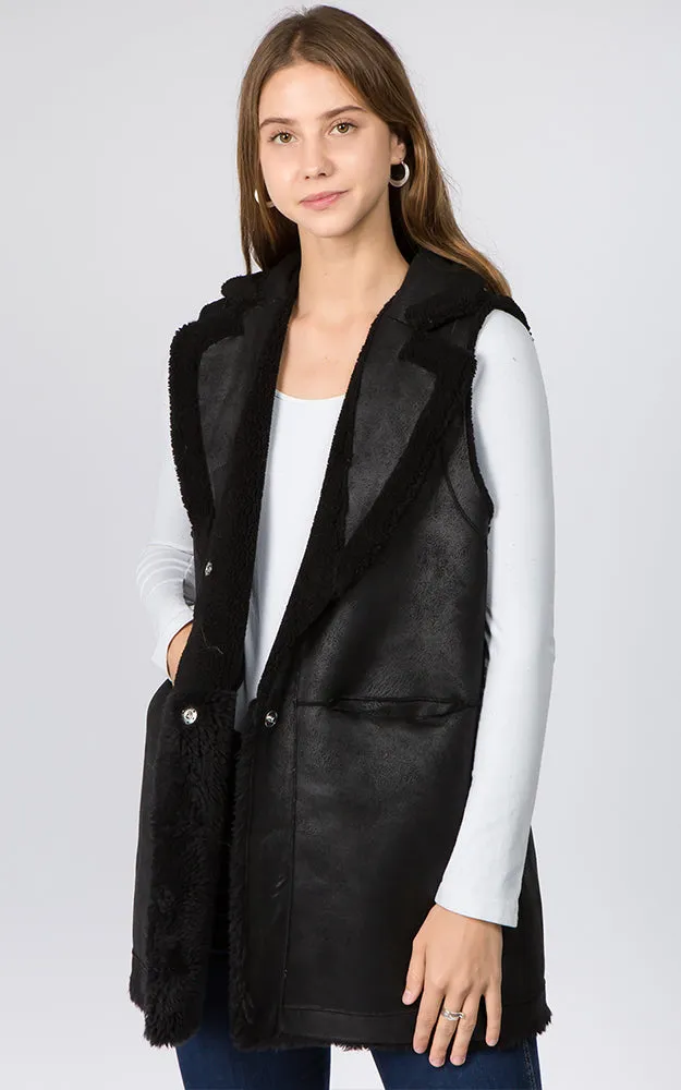 VA91B7 Faux Shearling Reversible Vest with Pockets