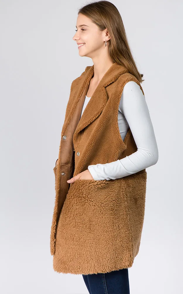 VA91B7 Faux Shearling Reversible Vest with Pockets