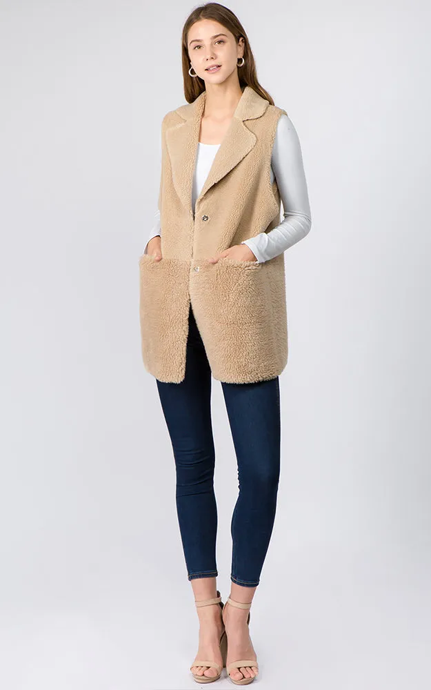 VA91B7 Faux Shearling Reversible Vest with Pockets