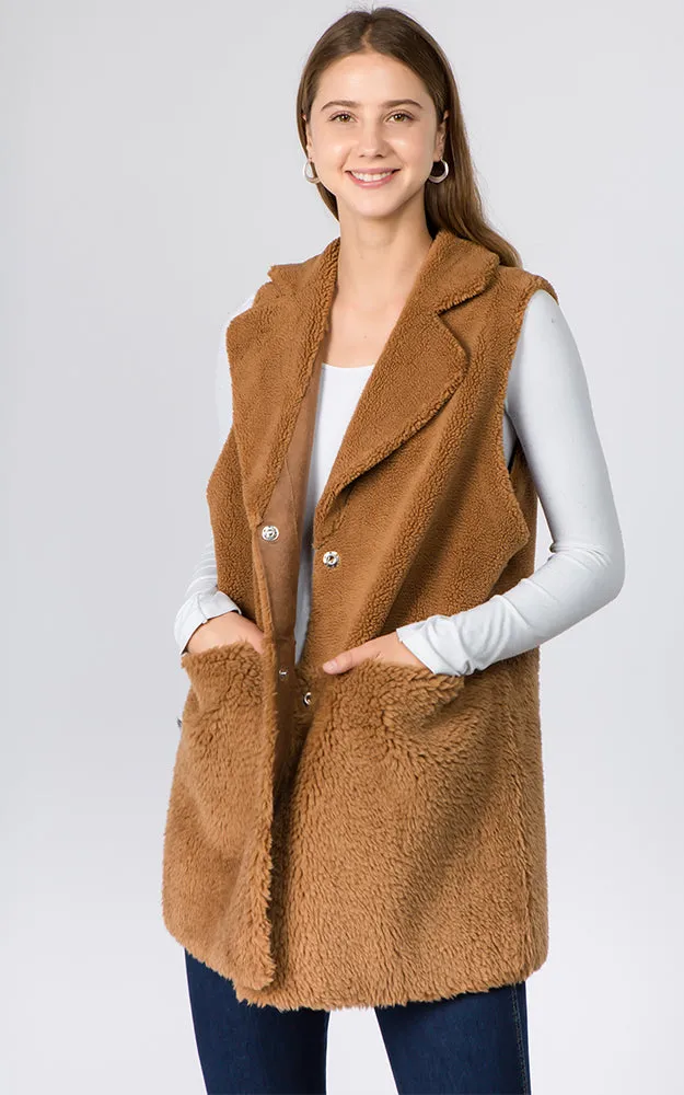 VA91B7 Faux Shearling Reversible Vest with Pockets