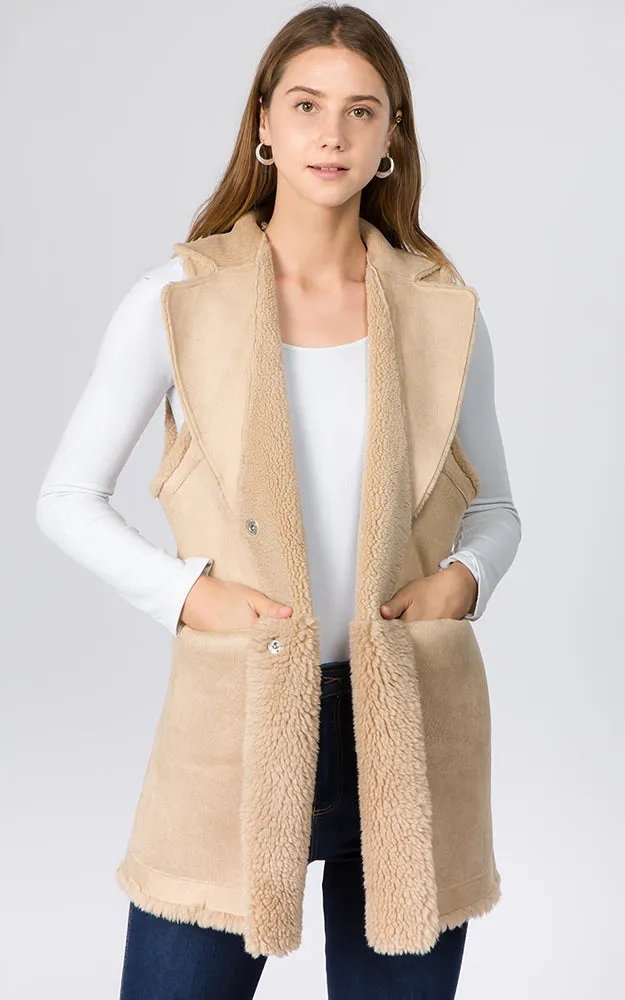 VA91B7 Faux Shearling Reversible Vest with Pockets