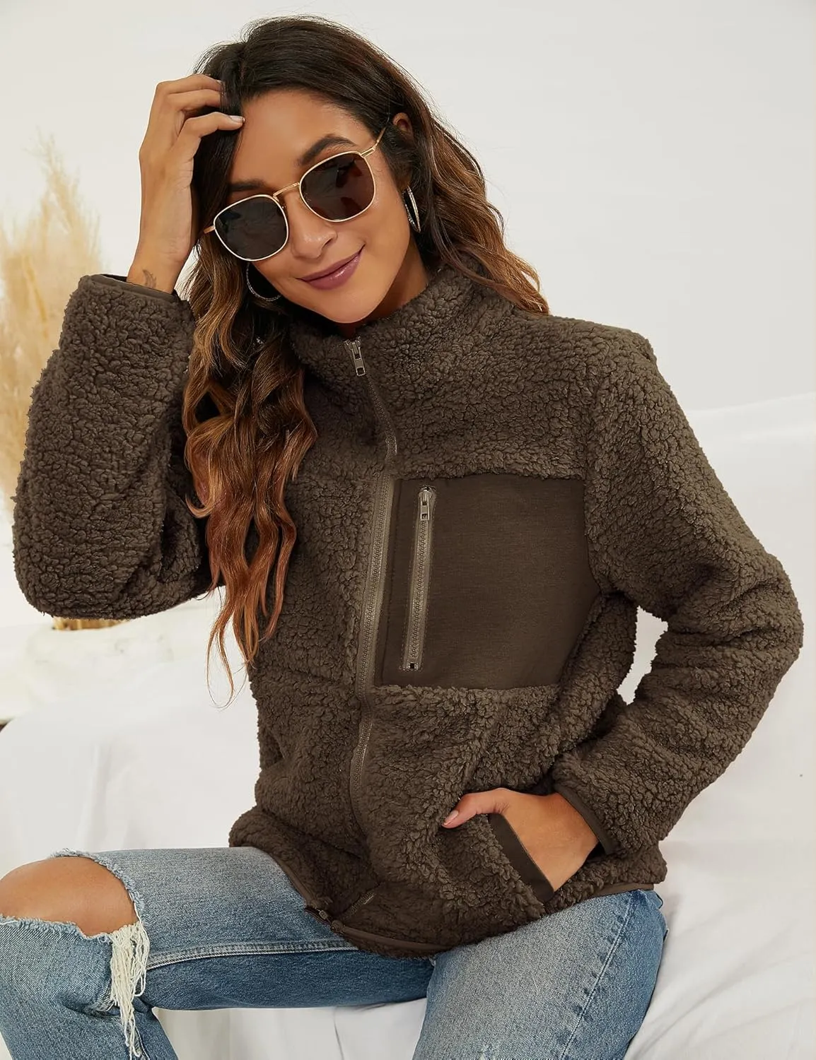 VVK Women's Fashion Faux Shearling Shaggy Full Zip Coats Warm Winter Patchwork Jackets with Pocket
