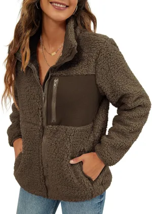 VVK Women's Fashion Faux Shearling Shaggy Full Zip Coats Warm Winter Patchwork Jackets with Pocket