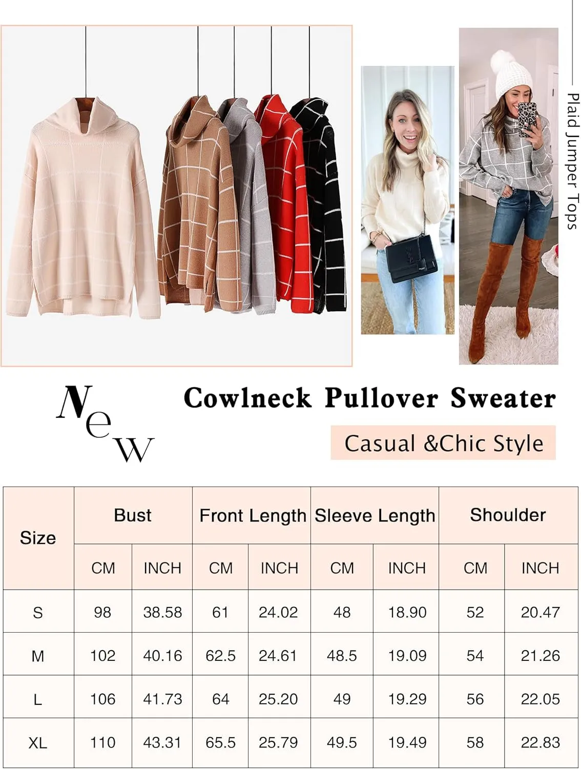 Women Fall Pullover Sweater Turtleneck Plaid Long Sleeve Loose Casual Chunky Checked Knit Winter Sweaters Jumper Tops