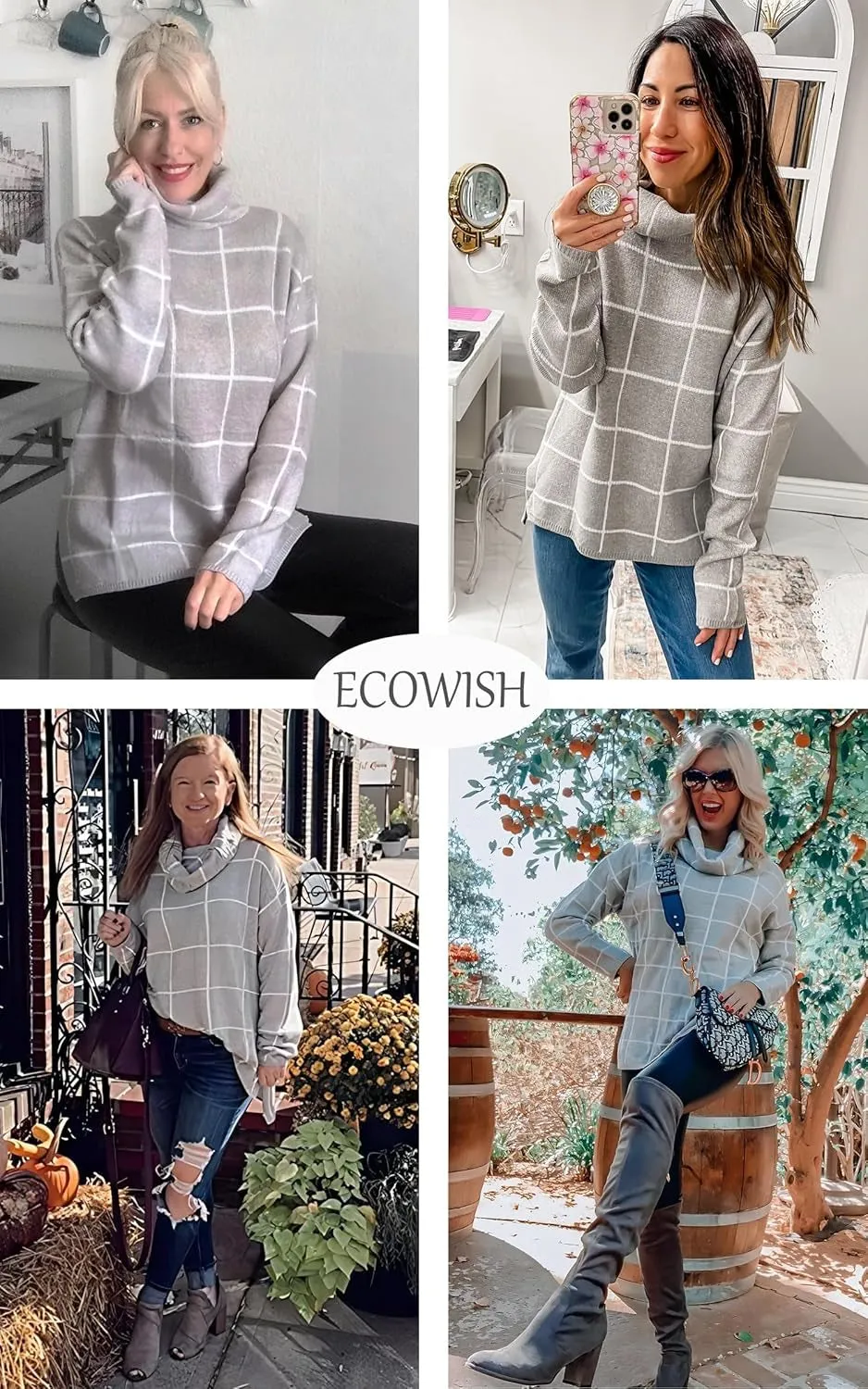 Women Fall Pullover Sweater Turtleneck Plaid Long Sleeve Loose Casual Chunky Checked Knit Winter Sweaters Jumper Tops