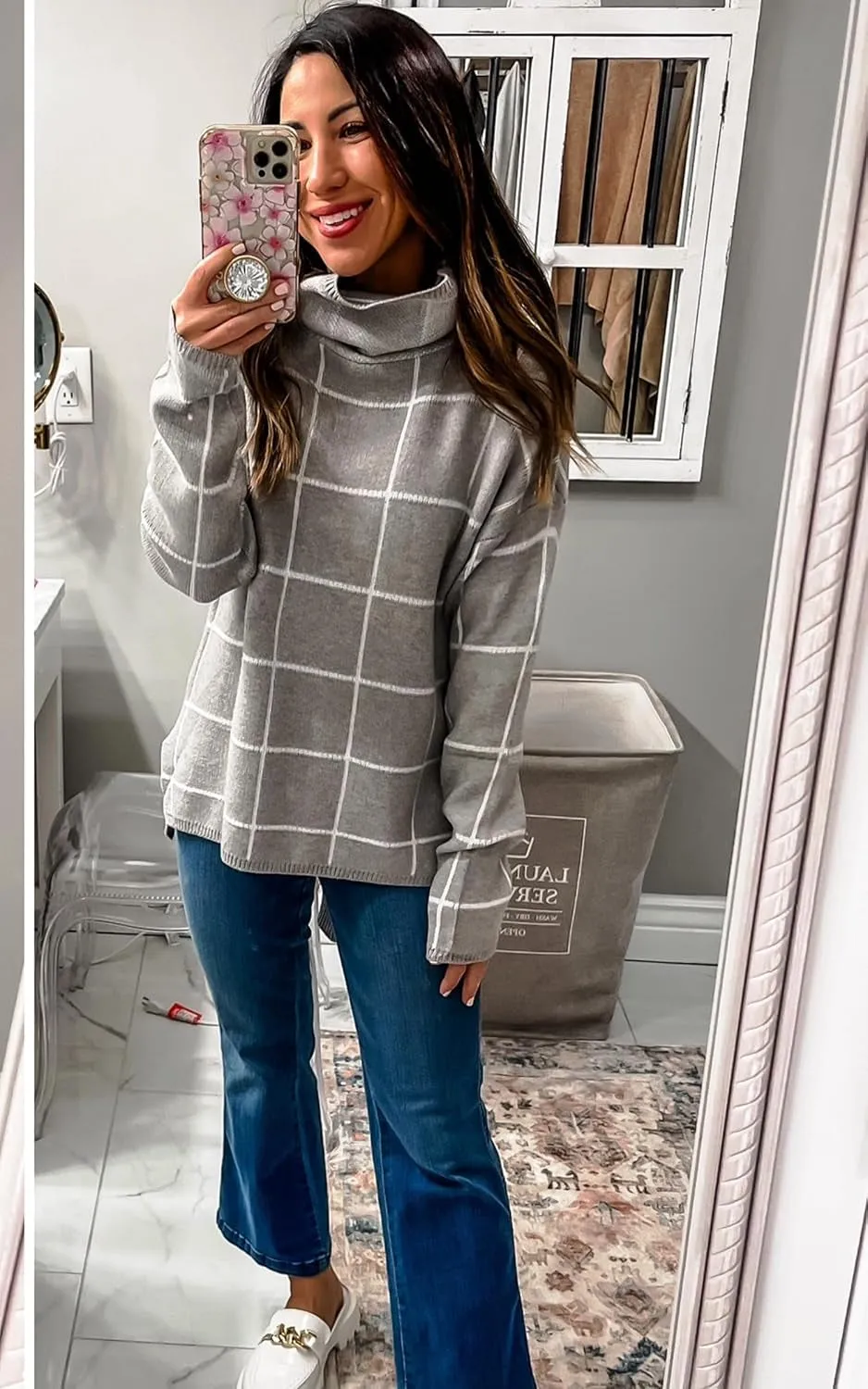 Women Fall Pullover Sweater Turtleneck Plaid Long Sleeve Loose Casual Chunky Checked Knit Winter Sweaters Jumper Tops