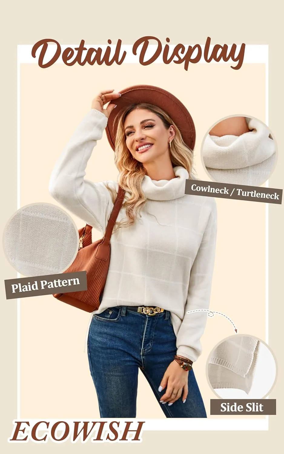 Women Fall Pullover Sweater Turtleneck Plaid Long Sleeve Loose Casual Chunky Checked Knit Winter Sweaters Jumper Tops