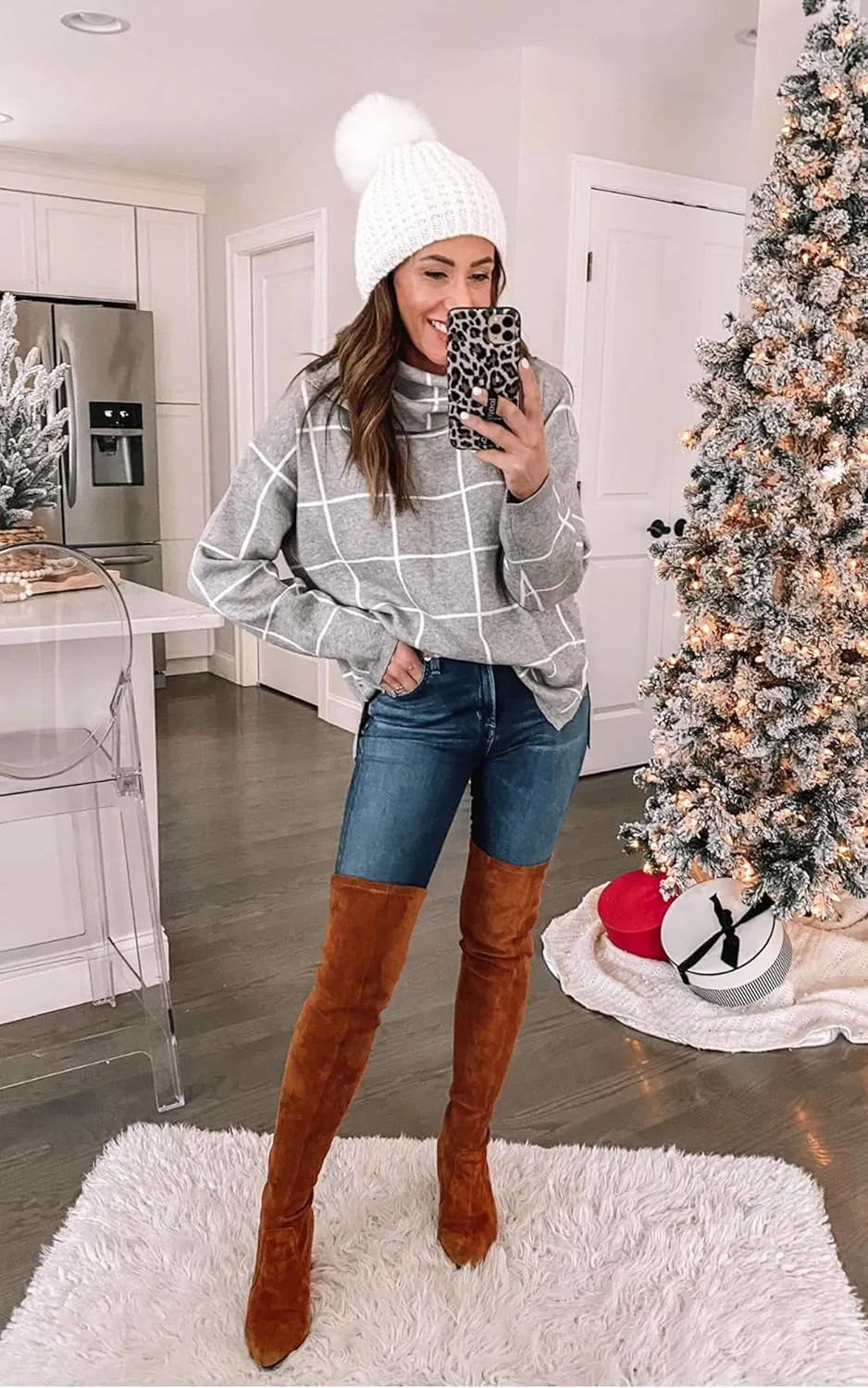 Women Fall Pullover Sweater Turtleneck Plaid Long Sleeve Loose Casual Chunky Checked Knit Winter Sweaters Jumper Tops