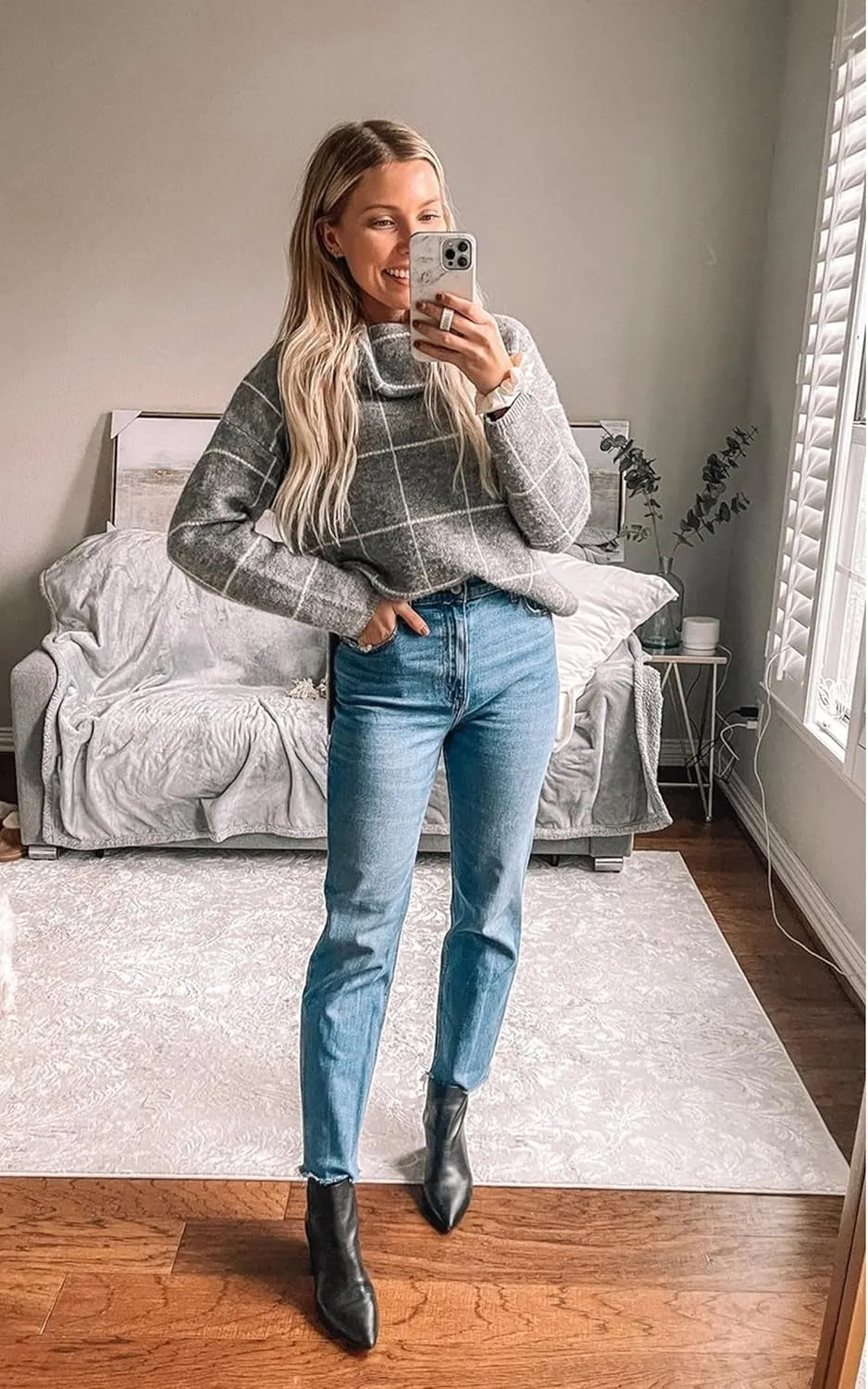 Women Fall Pullover Sweater Turtleneck Plaid Long Sleeve Loose Casual Chunky Checked Knit Winter Sweaters Jumper Tops