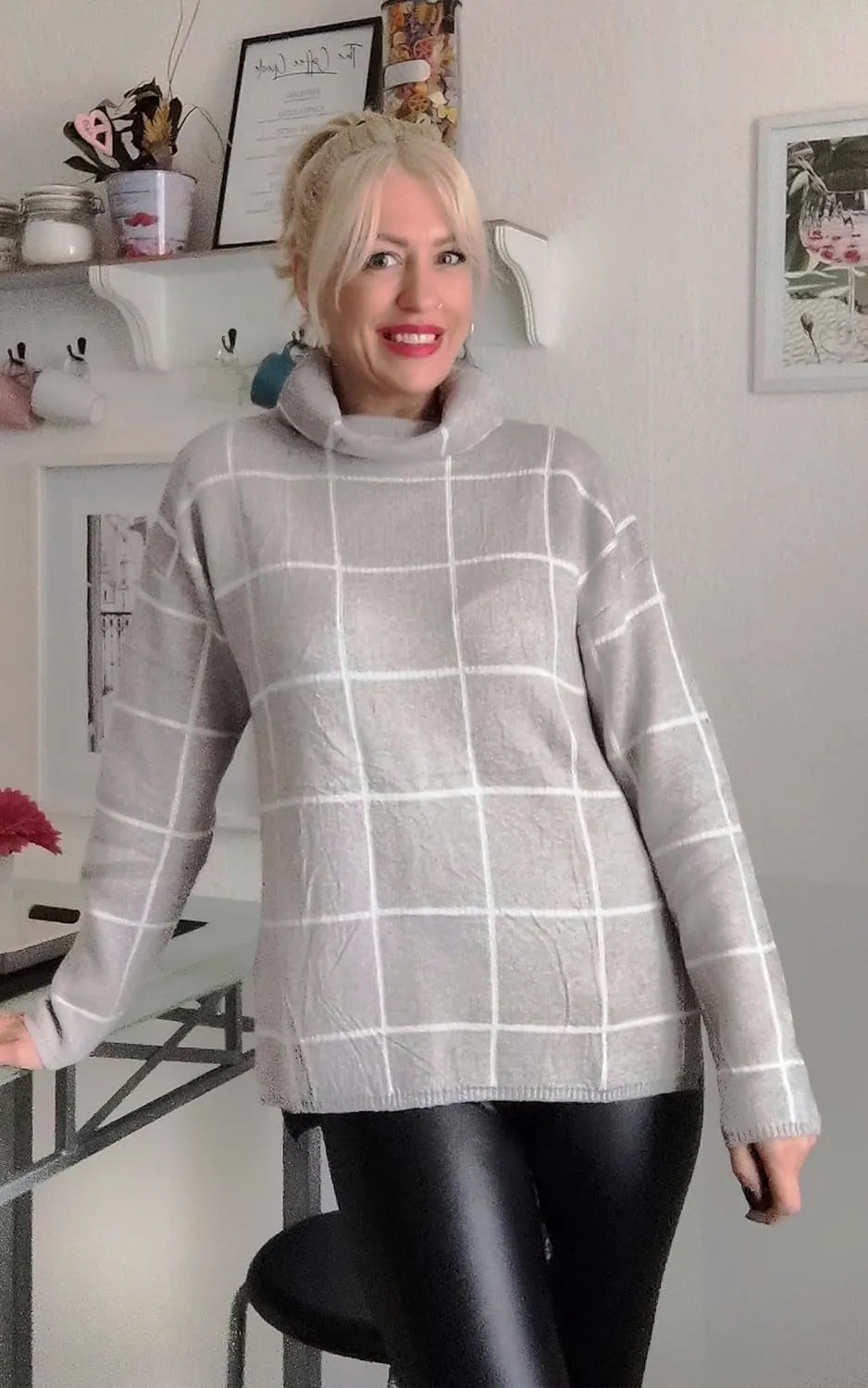 Women Fall Pullover Sweater Turtleneck Plaid Long Sleeve Loose Casual Chunky Checked Knit Winter Sweaters Jumper Tops