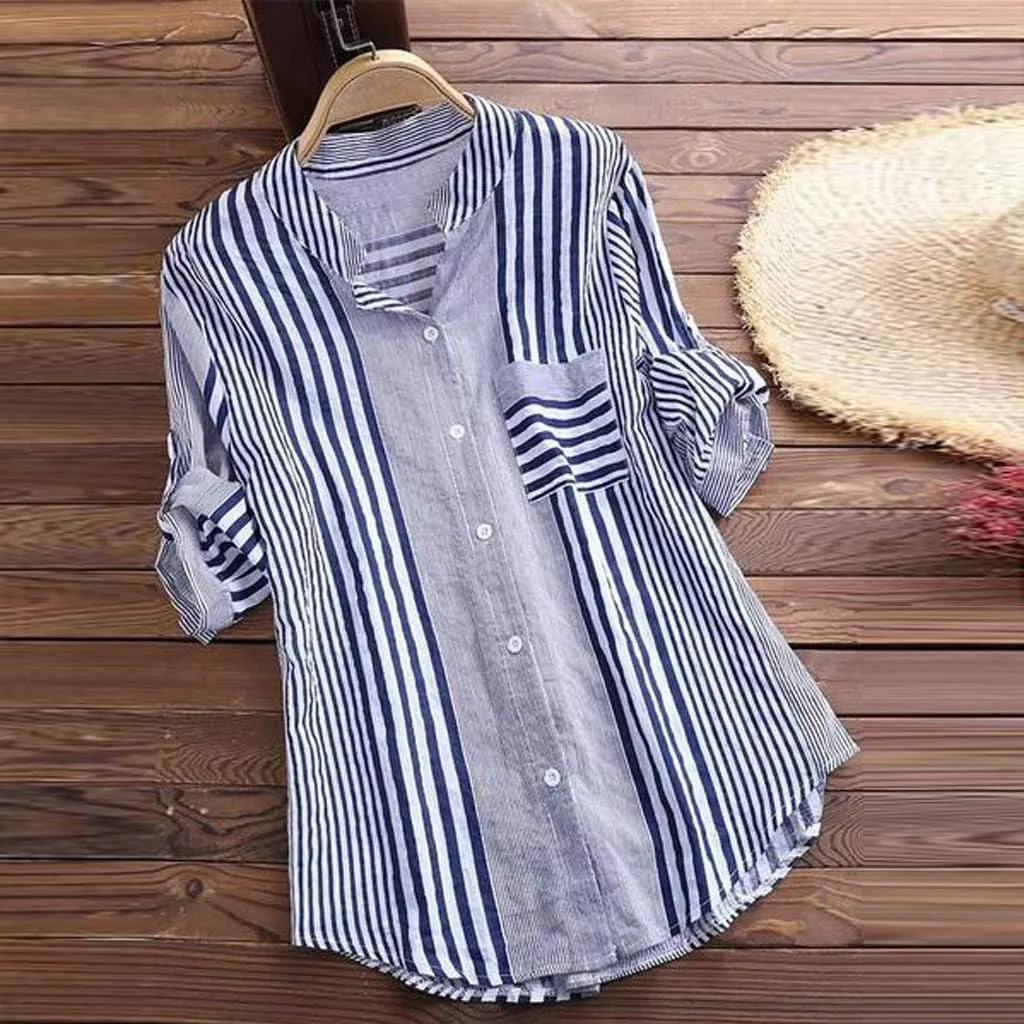 Womens Button Down Shirts Plus Size V Neck Long Sleeve Tunis Dressy Casual Striped Spring Summer Tops Flowy Cover Ups