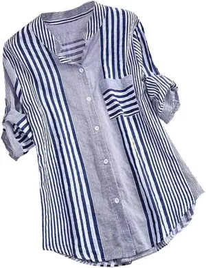 Womens Button Down Shirts Plus Size V Neck Long Sleeve Tunis Dressy Casual Striped Spring Summer Tops Flowy Cover Ups