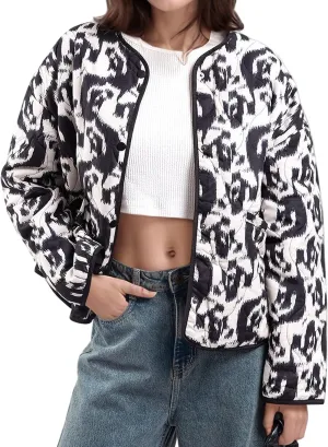 Women's Cropped Puffer Jacket Floral Print Lightweight Padded Coat Puffy Button Down Cardigan Short Outerwear