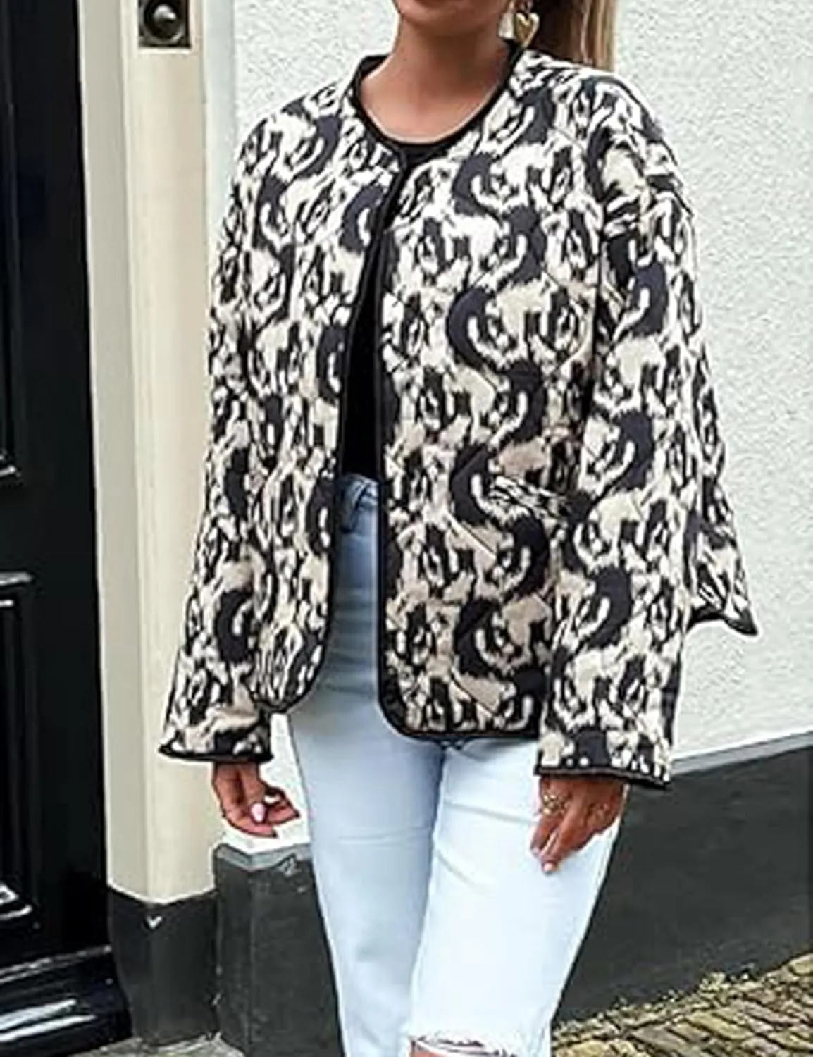 Women's Cropped Puffer Jacket Floral Print Lightweight Padded Coat Puffy Button Down Cardigan Short Outerwear