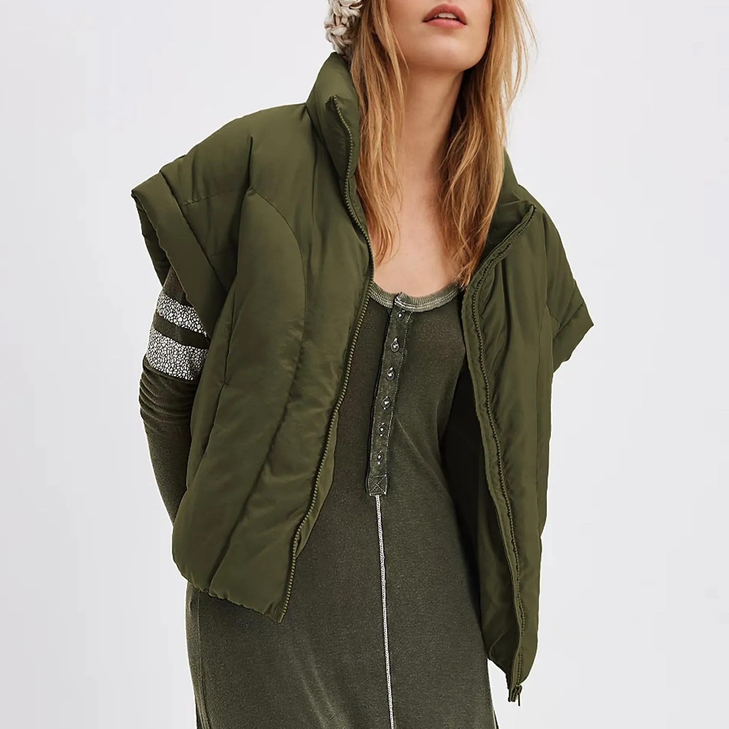 Womens Cropped Puffer Vest Oversized Padded Jackets Stand Collar Cap Sleeve Zip Up Vest Coat Winter Outfits