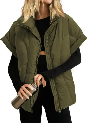 Womens Cropped Puffer Vest Oversized Padded Jackets Stand Collar Cap Sleeve Zip Up Vest Coat Winter Outfits