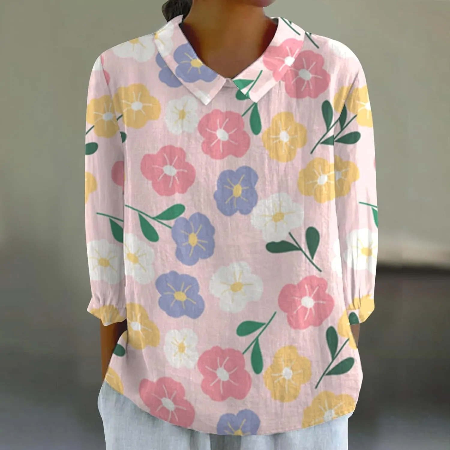 Womens Linen Shirts Lapel Retro Striped Back Loose Top Casual Cotton and Linen Shirt 3/4 Sleeve Shirt Office Drop