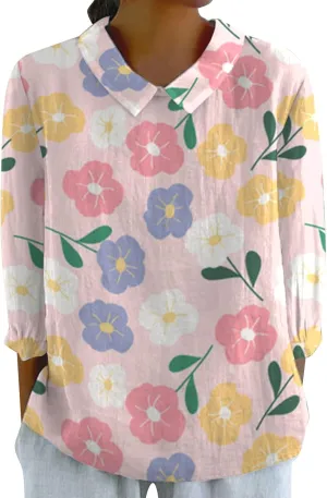 Womens Linen Shirts Lapel Retro Striped Back Loose Top Casual Cotton and Linen Shirt 3/4 Sleeve Shirt Office Drop