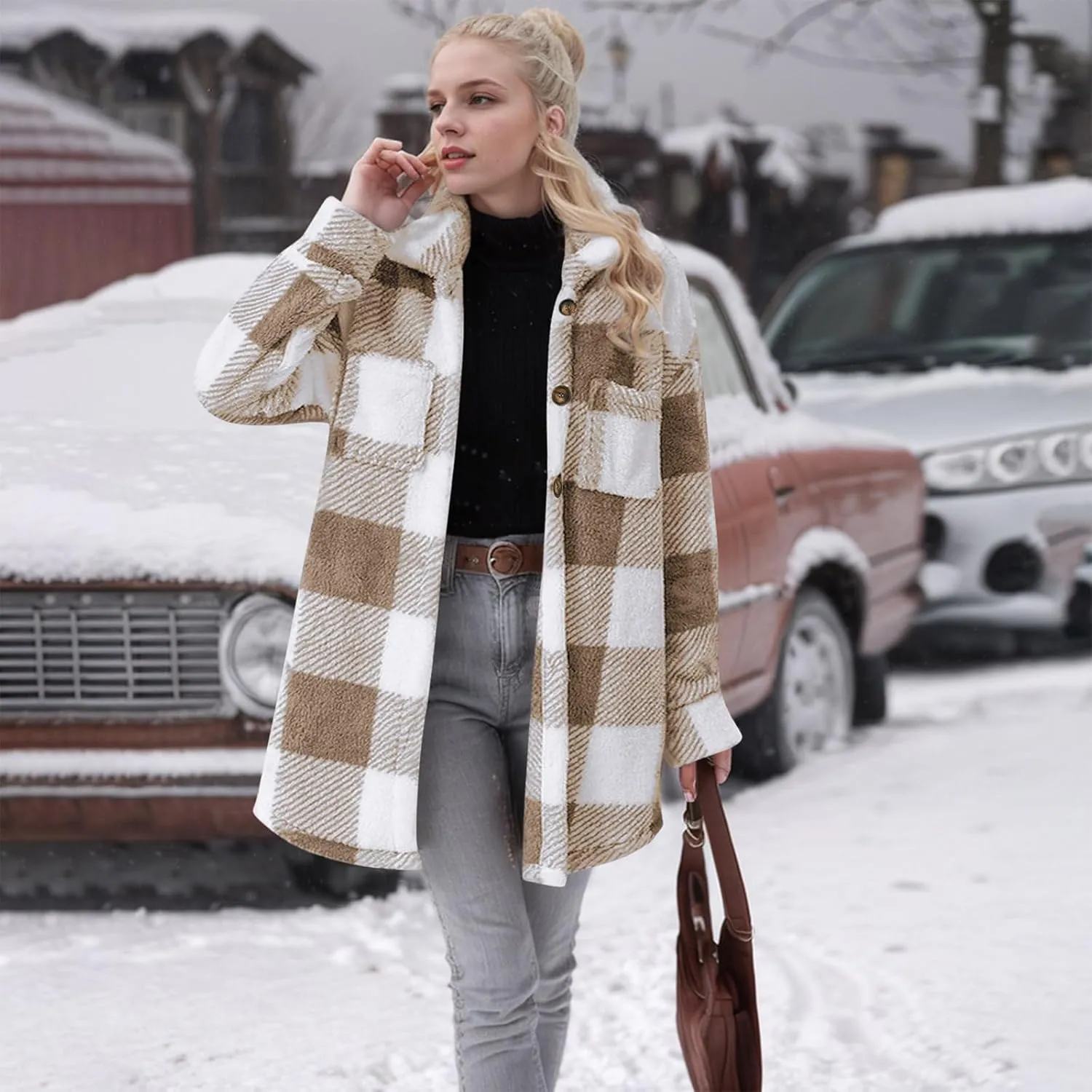 Womens Sherpa Jacket Lapel Button Flannel Jacket Shacket Soft Comfy Plaid Jacket Fleece Long Teddy Coat with Pockets