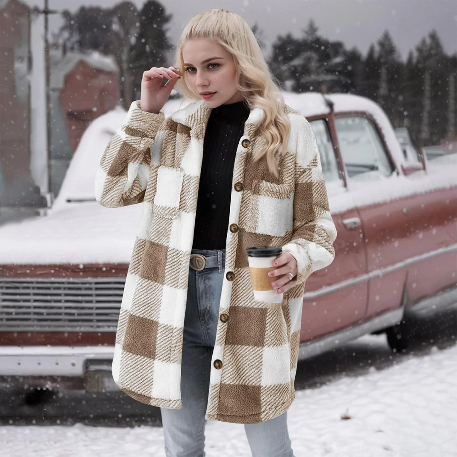 Womens Sherpa Jacket Lapel Button Flannel Jacket Shacket Soft Comfy Plaid Jacket Fleece Long Teddy Coat with Pockets
